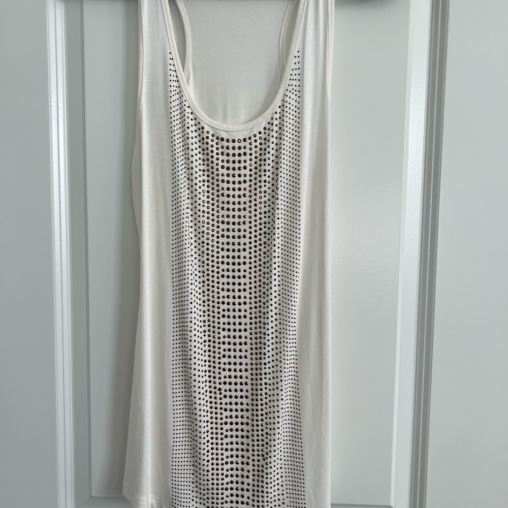 White tank top with copper beads on front